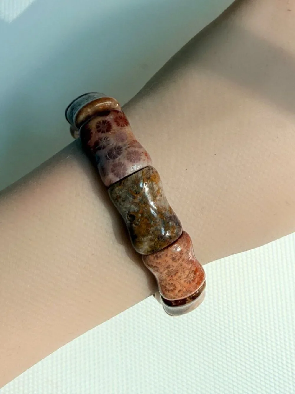 Natural Fossil Coral Bamboo Stretch Bracelet | Handmade in USA | Unisex